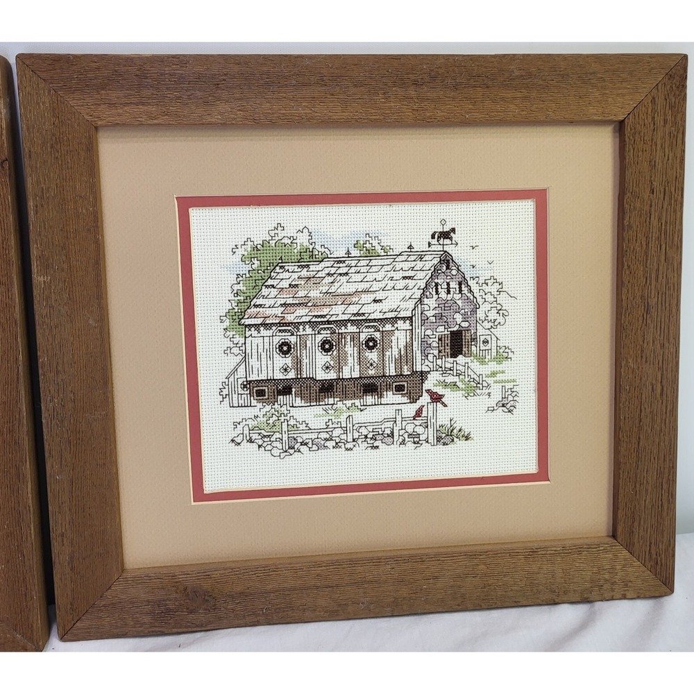 2 Embroidery Handmade Framed Needlework Barn Scenes Folk Art Country Farmhouse - Picture 4 of 10